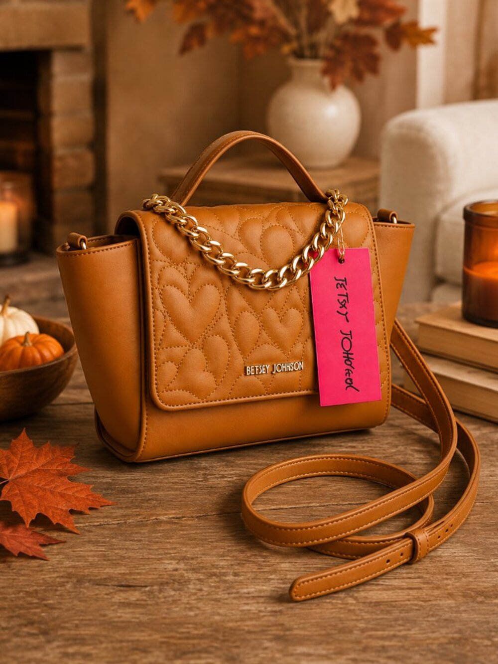 Betsey Johnson XOJOY Heart Quilted Satchel Cognac Brown NWT